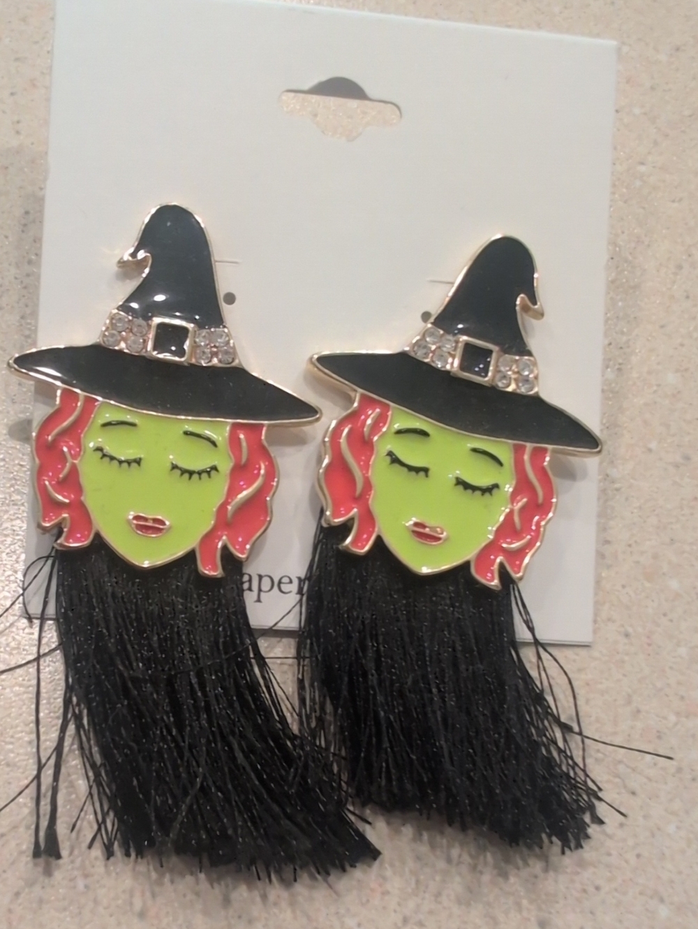 Green Witch Tassel Earrings with Black Hat - Women Jewelry